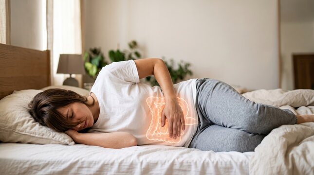 Young woman lying on bed in fetal position clutching abdomen in severe pain, suffering from stomach ache or digestive disorder, irritable bowel syndrome symptom, menstrual cramps