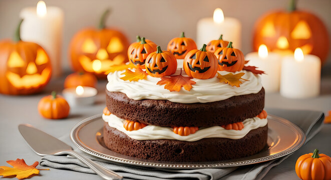 Halloween chocolate cake with pumpkin decorations and lit candles for autumn festivities