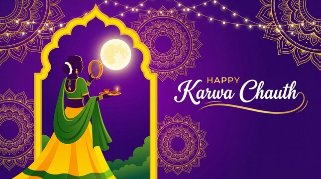 Indian woman performing Hindu married festival ritual of Karwa Cahuth looking moon through sieve
