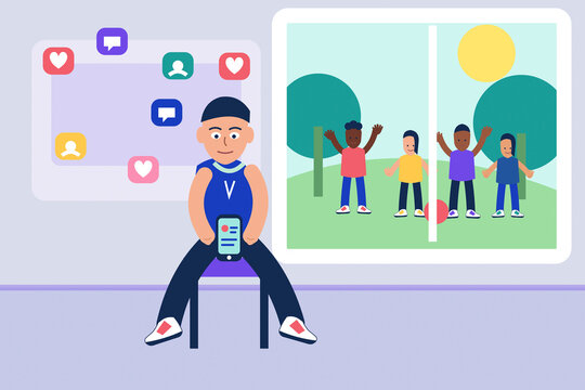 Boy using smartphone for social media with illustration of children