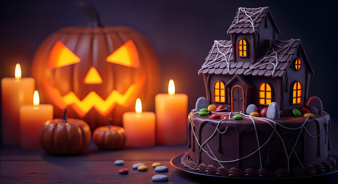 Halloween themed chocolate cake with haunted house and illuminated jackolantern decoration
