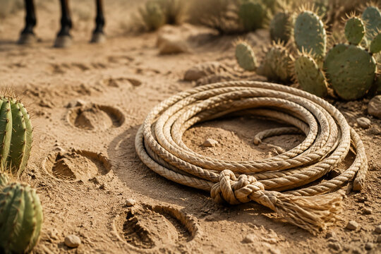 A coiled rawhide lariat on sandy ground with horse hoof prints and cacti nearby.
