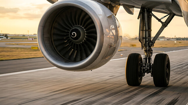 Close-up of an airplane?s jet engine and landing gear during taxi on runway at dawn