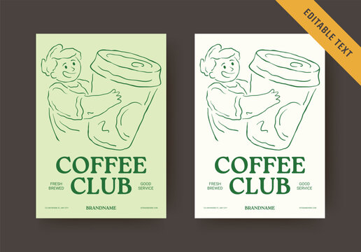 Warm whimsical hand drawn coffee club flyer in two soft color palettes, playful line art aesthetic, editable text blocks for cozy neighborhood cafe promotion and announcement