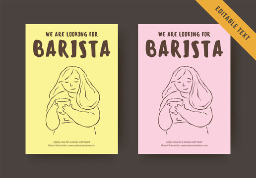 Warm loose sketch of barista holding steamy coffee, soft sunny pastel palettes, playful bold hand lettering, editable text, two gentle color options to match any cozy cafe interior vibe