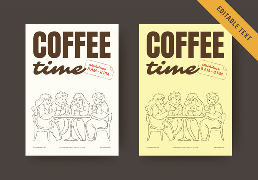 Warm hand drawn coffee time flyer comes in two soft palettes, playful group gathering illustration paired with vintage typography, editable text fields for cafe hours and casual announcements