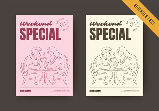 Cozy weekend special flyer comes in two gentle soft palettes, hand drawn couple sharing coffee paired with bold promotional typography, editable text fields for limited time cafe discount announcement