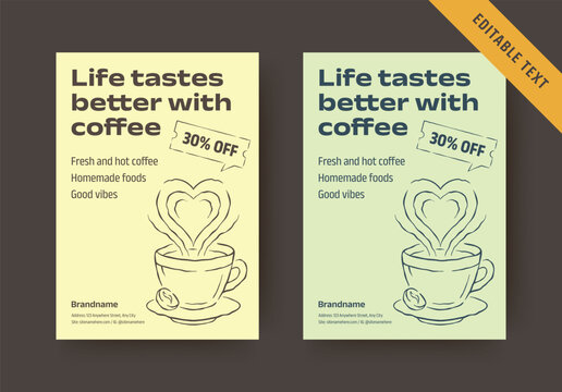 Warm positive coffee themed flyer comes in two soft cheerful palettes, hand drawn heart steam cup illustration paired with discount promotion text, editable fields for homemade food cafe announcement