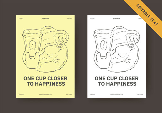 Bright uplifting happiness themed cafe flyer comes in two soft warm palettes, hand drawn barista with takeaway cup illustration, editable text fields for cozy everyday bakery and coffee shop messaging