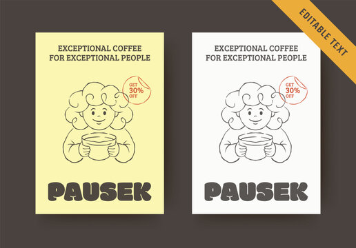 Charming retro coffee pause flyer comes in two soft warm palettes, hand drawn character holding cup paired with bold branding and discount stamp, editable text fields for premium local cafe promotion