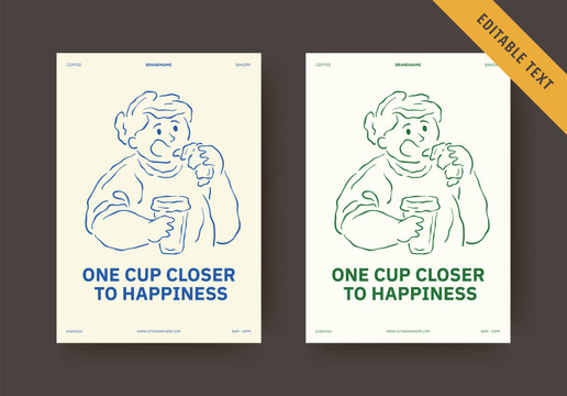Friendly bakery flyer comes in two cool distinct palettes, hand drawn character enjoying takeaway coffee and small snack, editable text fields for casual local coffee shop opening hour announcements