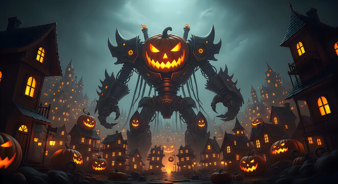 Giant steampunk pumpkin golem towering over a halloween town with glowing jackolanterns
