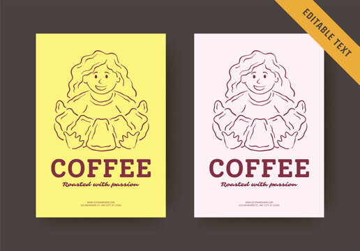 Friendly hand drawn coffee flyer arrives in two soft warm color palettes, carries fully editable text, smiling barista illustration and warm note about passionately roasted specialty coffee