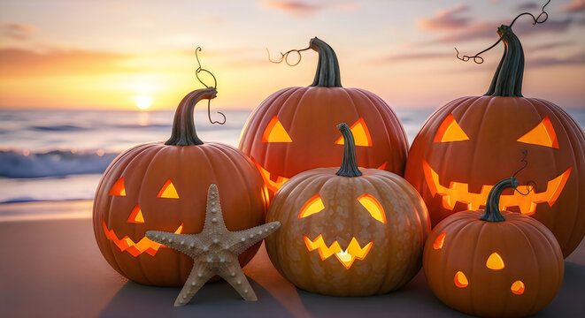 Jackolanterns on the beach at sunset with starfish and glowing faces for halloween