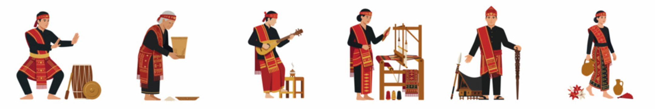Collection of Batak people illustrations wearing traditional clothing and performing cultural activities like weaving, dancing, and playing music on a white background.
