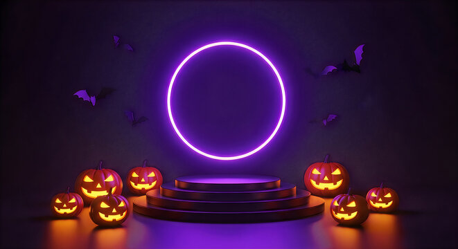 Halloween display with illuminated pumpkins neon ring and bats on a dark purple background