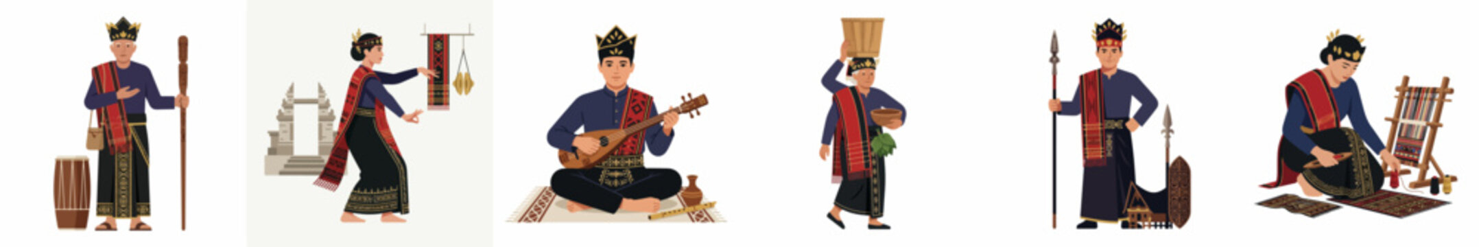 Illustrations of Indonesian Batak people in traditional attire engaged in cultural activities such as dancing, weaving, and playing musical instruments.