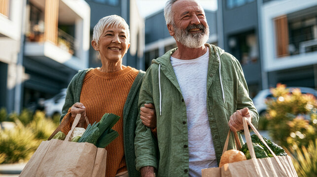active senior couple carrying reusable grocery bags together after shopping, walking comfortably through a bright modern neighborhood