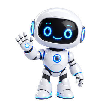 Cute 3D AI robot character waving hello. Friendly artificial intelligence chatbot mascot for customer service greeting, virtual assistant, and technology communication concept.