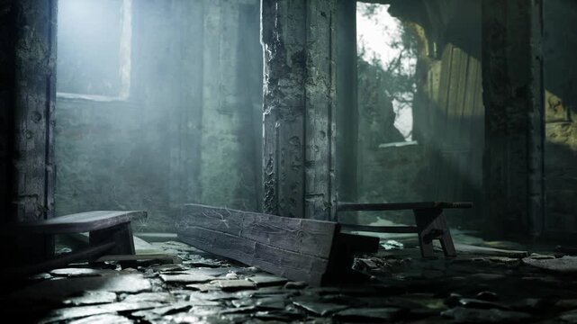 Soft beams of light filter through broken walls of an ancient structure. Dust dances in the air as nature slowly reclaims the space, whispering tales of history and solitude.