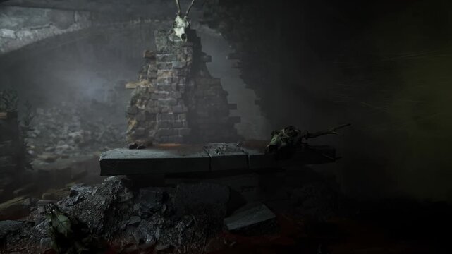 In an eerie underground chamber, shadows dance around broken stones and crumbling walls. The air is thick with mystery as remnants of life rest among bones and rubble.