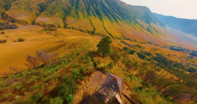 FPV aerial view of Mount Bromo landscape with volcanic ridges and lush vegetation in Indonesia.