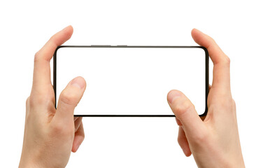 Obraz premium Hands holding horizontal smartphone with thumbs playing video game mockup isolated on white