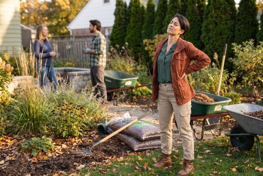 Woman standing in her garden holding her back, feeling pain after working in the yard