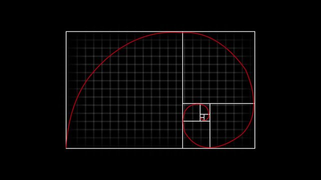 Golden ratio fibonacci spiral overlay grid on black background