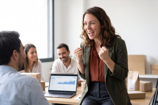 Happy businesswoman celebrating business achievement with colleagues in a startup office