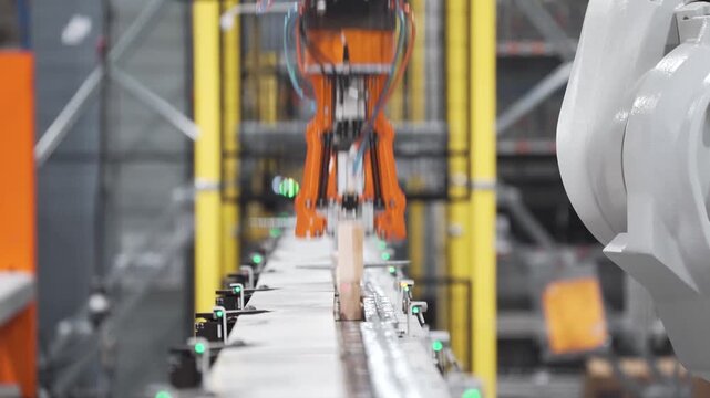 industrial robotic arm moving along a conveyor belt in a factory environment with metallic structures and plastic components, side view, automated and precise, orange and yellow tones.
