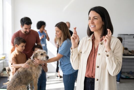 Woman crossing fingers for good luck as family adopting dog in animal shelter