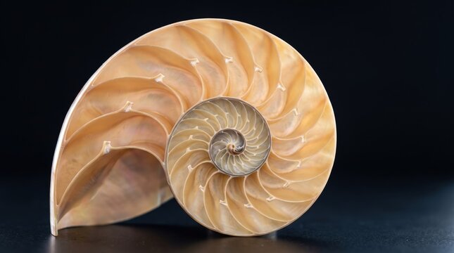 Intricate Nautilus Shell with Golden Spiral Pattern on a Dark Background