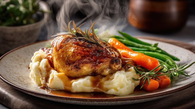  classic American family lunch, juicy oven-roasted chicken with crispy golden skin, creamy buttery mashed potatoes 