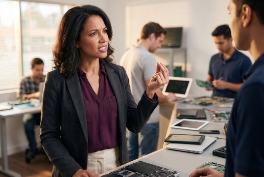 Manager expressing frustration while talking to technicians in an electronics repair workshop