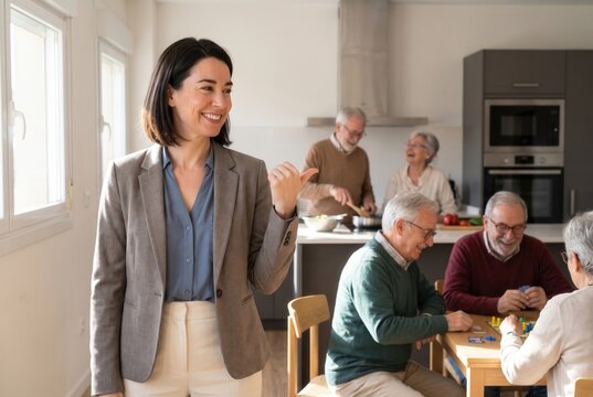 Professional woman pointing to happy seniors cooking and playing board games in a retirement home
