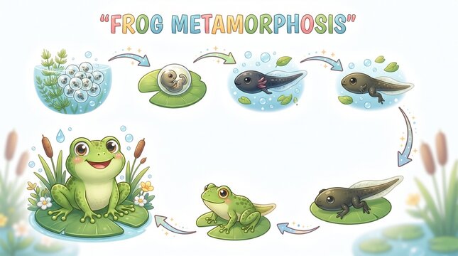 The amazing life cycle of a frog, from tadpole to amphibian, illustrated in stages of metamorphosis