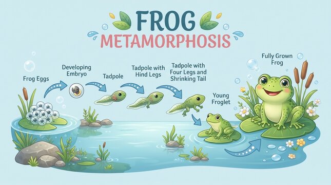 Educational illustration of the biological lifecycle stages of an amphibian from spawn to adult maturation in a pond habitat