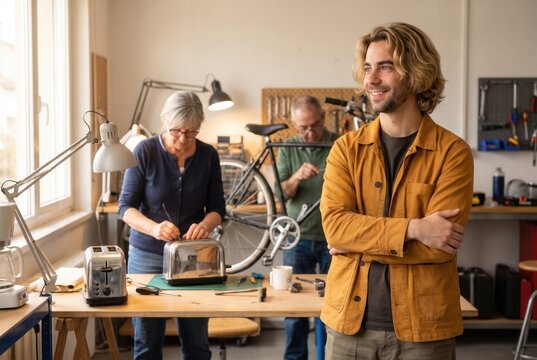 People from different generations fixing household items and bicycles together in a workshop