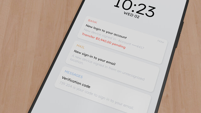 Verification code and account takeover alerts on a smartphone lock screen, email hacked and bank transfer fraud