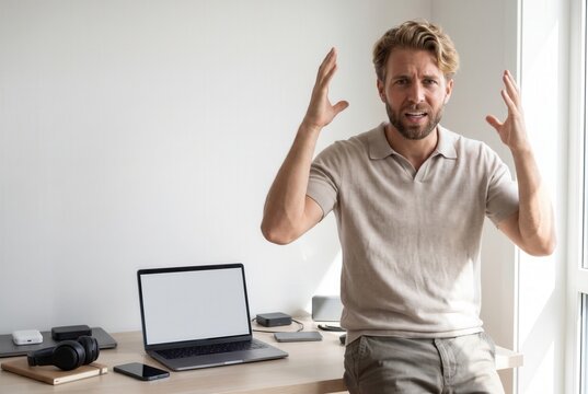 Young man experiencing technology related stress and frustration at his home office workspace