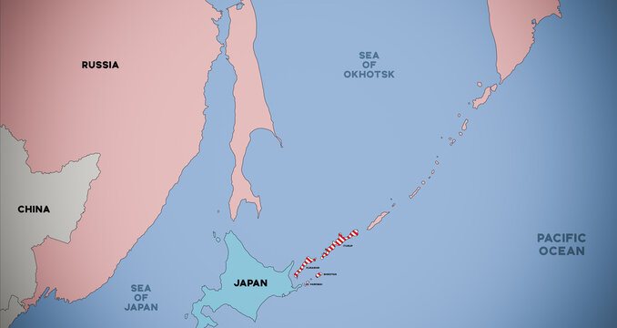 Illustration of a map showing the Kuril Islands territorial dispute, with Japan's territorial claims highlighted.