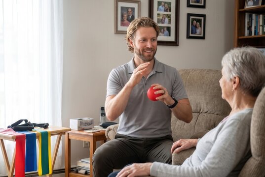 Physical therapist assisting senior woman with rehabilitation exercises at her home