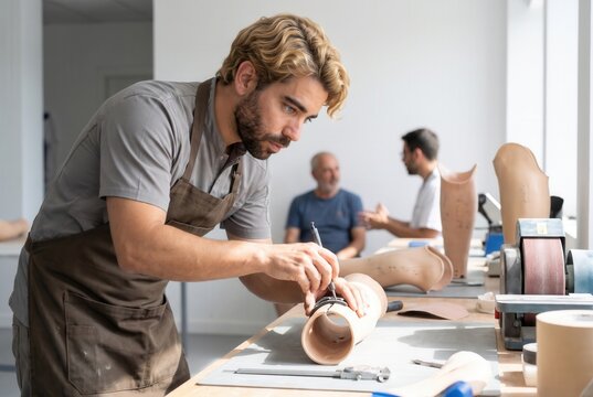 Technician precisely working on an artificial limb, creating a custom prosthetic in a workshop