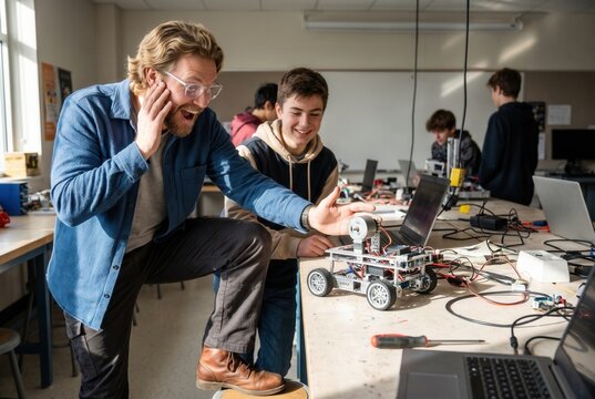 Excited teacher and student building a robot car in a stem classroom