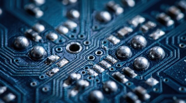 Macro shot of blue electronic circuit board featuring intricate copper pathways and silver solder joints, representing computer hardware, microchip technology, engineering