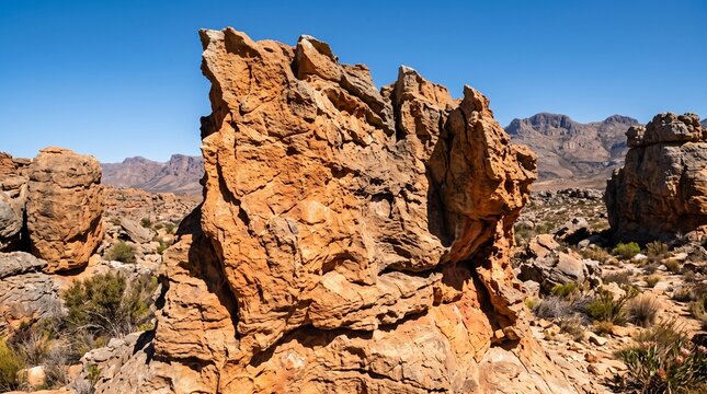 Stunning landscape view of majestic sandstone rock formations in Cederberg Wilderness Area, South Africa, featuring rugged textures and vibrant desert colors under a clear blue sky