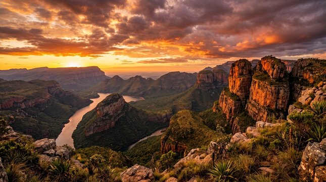 Breathtaking panoramic view of the Blyde River Canyon at sunset, featuring the Three Rondavels rock formations bathed in warm golden hour light and dramatic cloudy skies in South Africa.