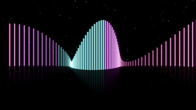 Neon wave bars oscillating in infinity loop pattern with reflections over starry black background creating dynamic digital music visualizer animation for stage.