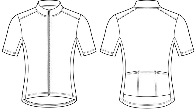 Blank short sleeve cycling jersey template for design mockups with front and back views including zipper and back pockets technical sketch